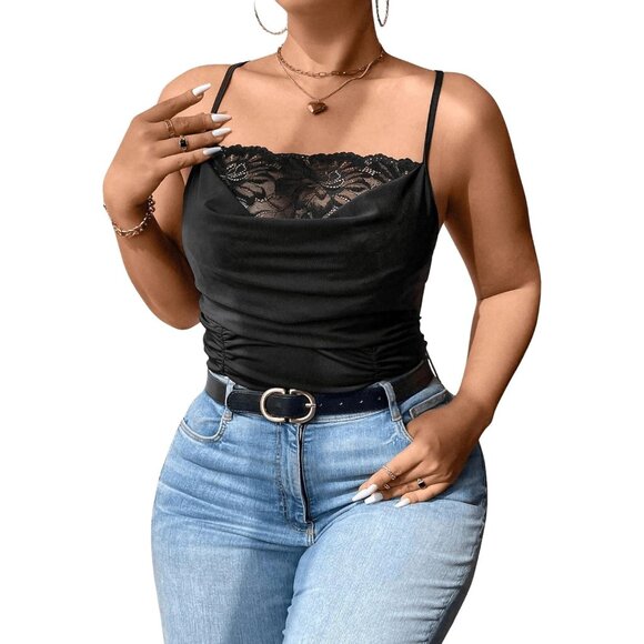 Women's Plus Size Lace Trim Ruched Cami Top Spaghetti Strap Draped Front - Picture 5 of 6